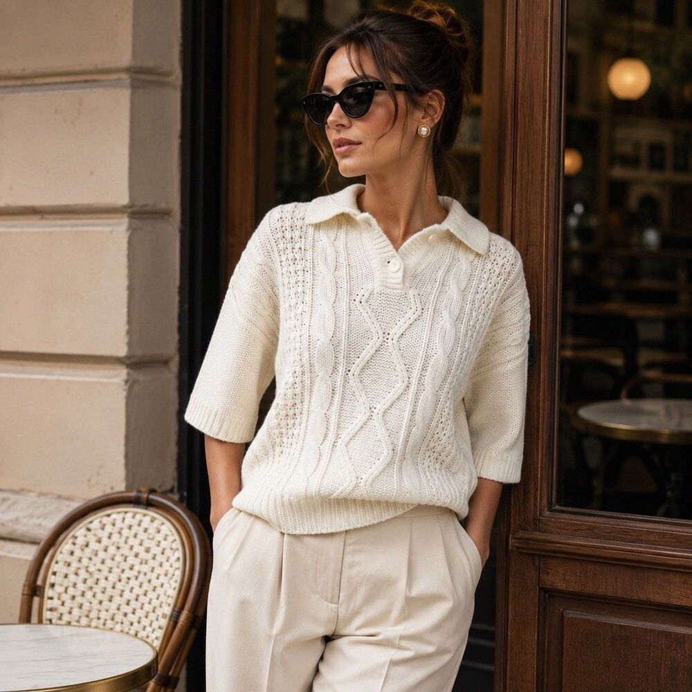 Vintage Retro Lindsey Blake 80s Cable Knit Ivory Sweater Collar L